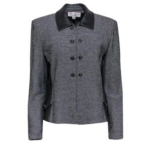 St. John sport gray black tweed leather rhinestone logo button zip up jacket 8